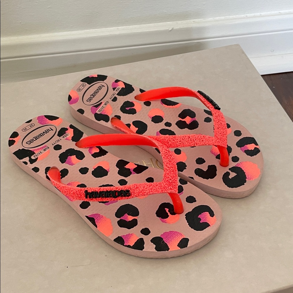 Havaianas Pink Leopard Flip Flops with Orange Straps